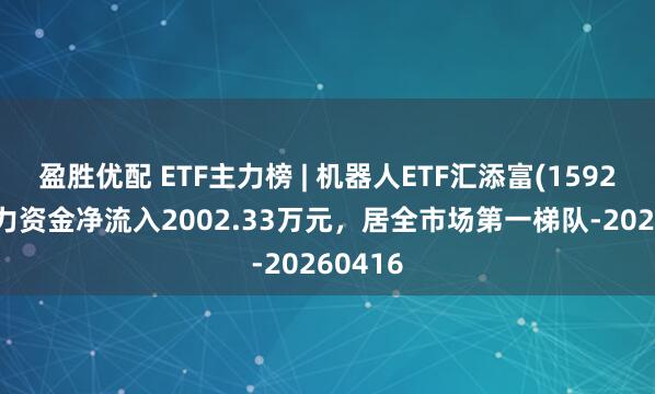 盈胜优配 ETF主力榜 | 机器人ETF汇添富(159213)主力资金净流入2002.33万元，居全市场第一梯队-20260416